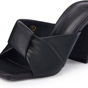 Womens Faux Leather Open Toe Mules Chunky Block Heel Slip-On Sandals